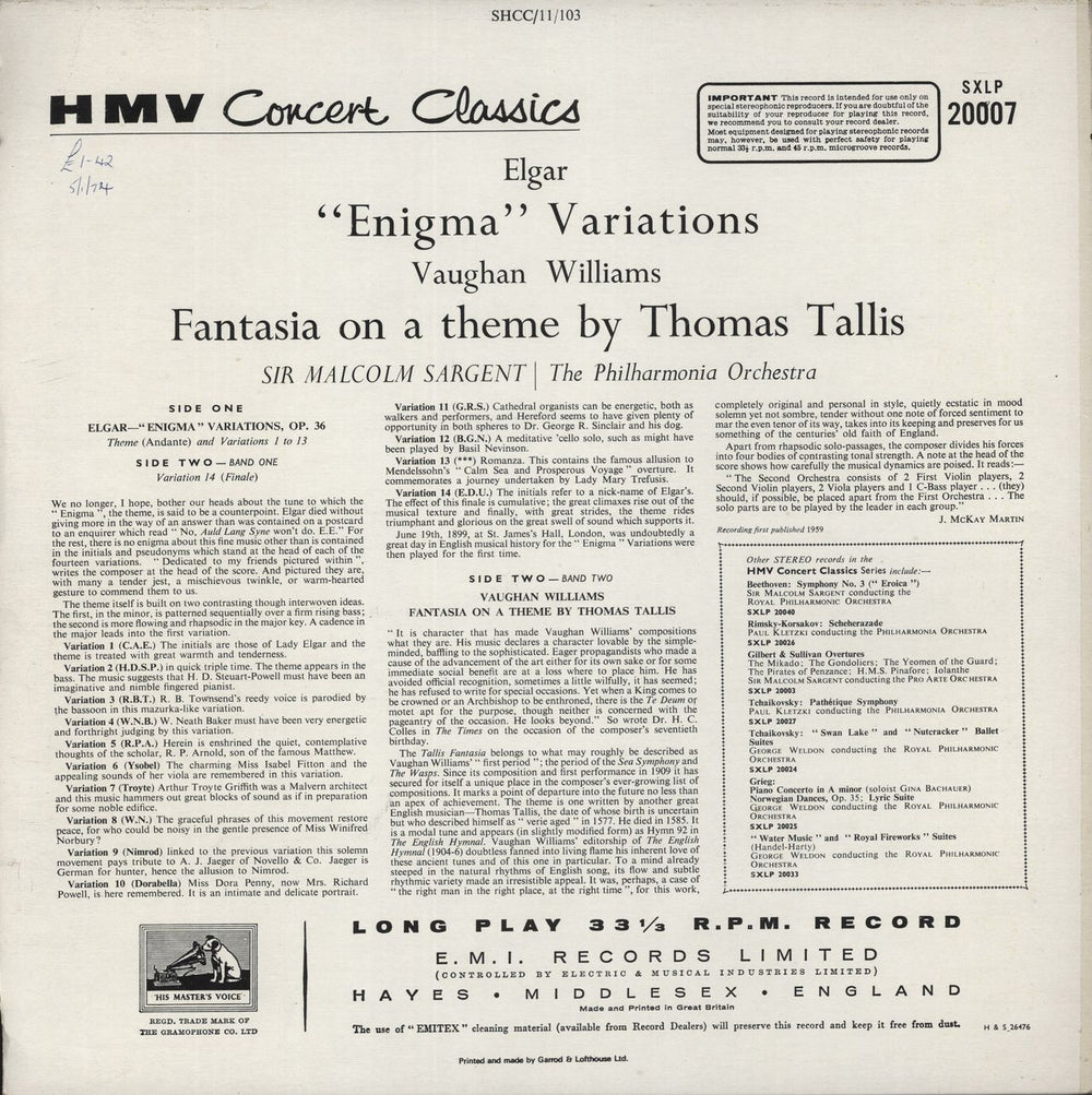 The Philharmonia Orchestra Elgar: The Enigma Variations / Vaughan Williams: Fantasia On A Theme By Thomas Tallis UK vinyl LP album (LP record)