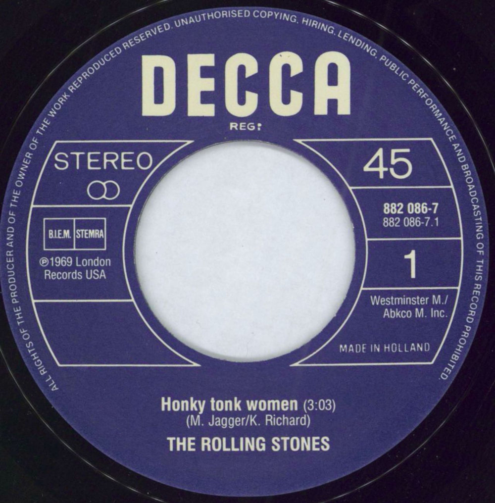 The Rolling Stones Honky Tonk Women Dutch 7" vinyl single (7 inch record / 45) ROL07HO790735