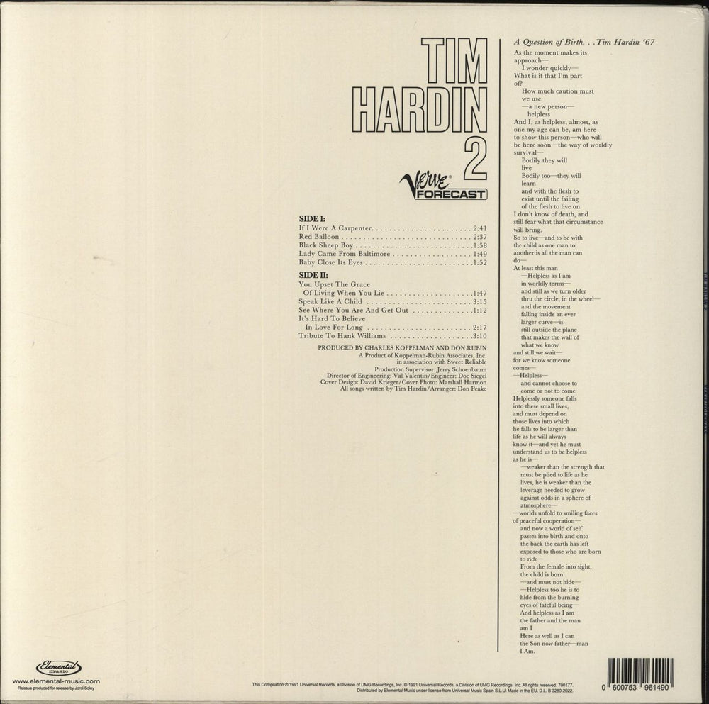 Tim Hardin Tim Hardin 2 UK vinyl LP album (LP record) 600753961490