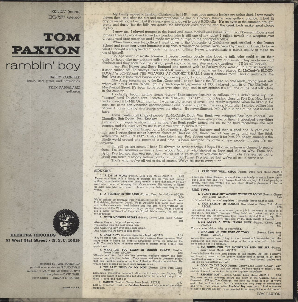 Tom Paxton Ramblin' Boy - 1st - VG US vinyl LP album (LP record)