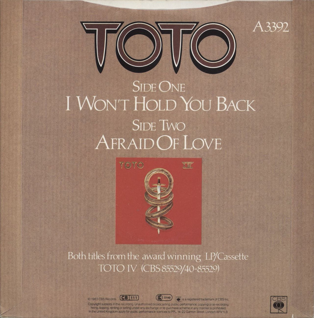 Toto I Won't Hold You Back UK 7" vinyl single (7 inch record / 45)