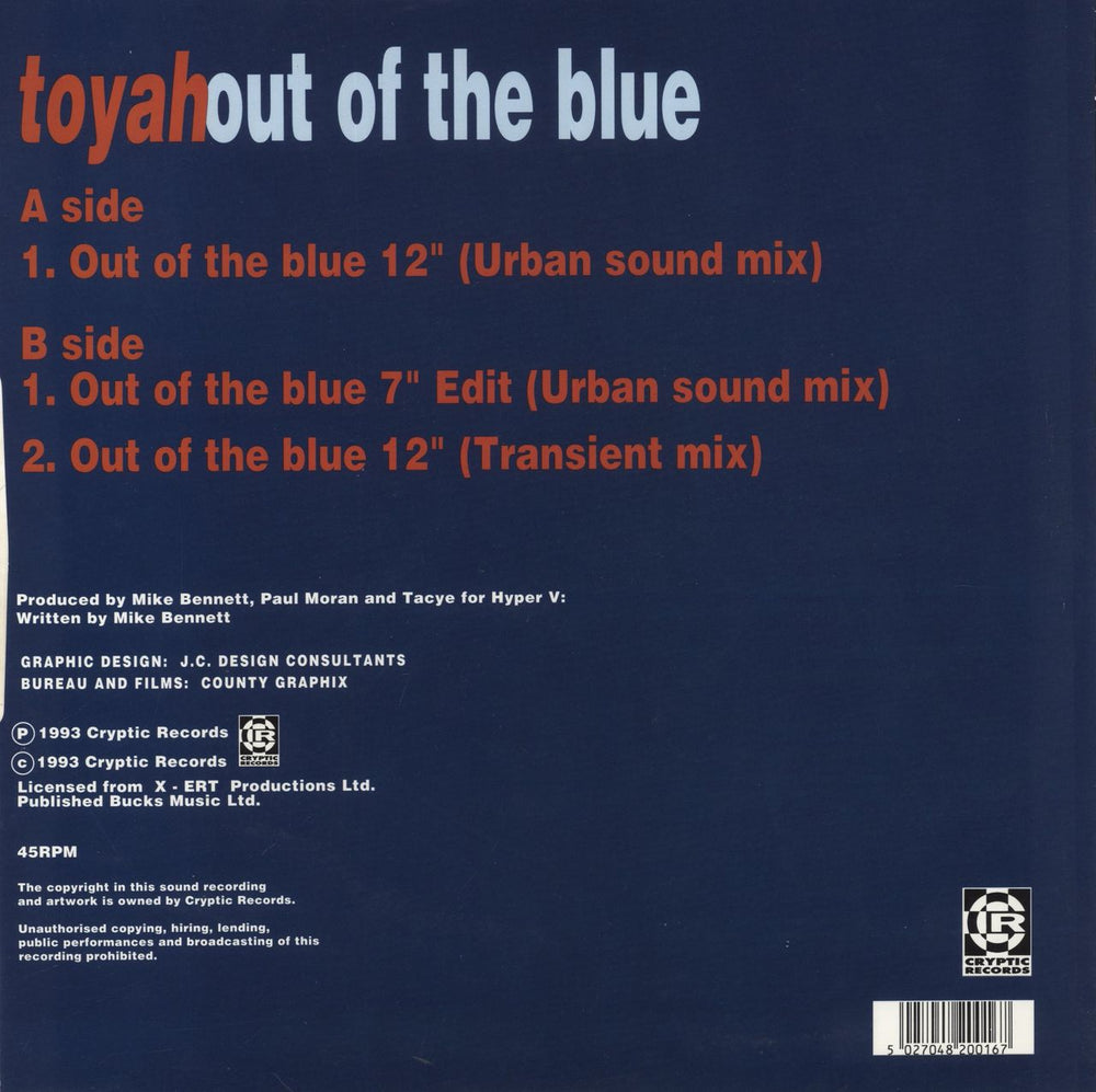 Toyah Out Of The Blue - Autographed UK 12" vinyl single (12 inch record / Maxi-single) 5027048200167