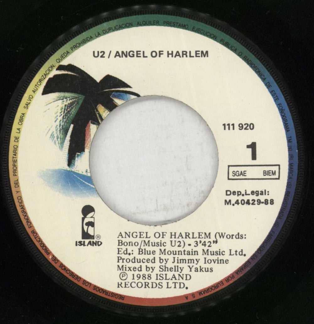 U2 Angel Of Harlem Spanish 7" vinyl single (7 inch record / 45) U-207AN864132