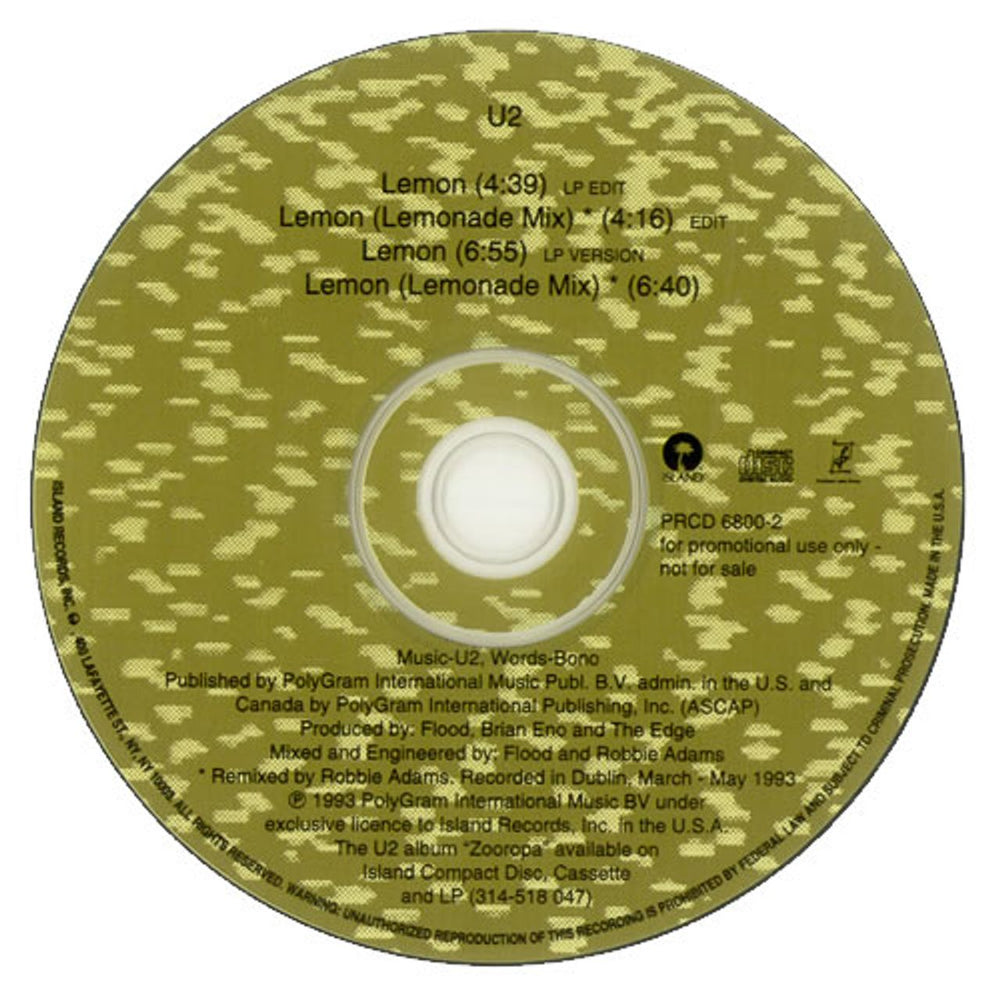 U2 Lemon US Promo CD single (CD5 / 5") PRCD6800-2