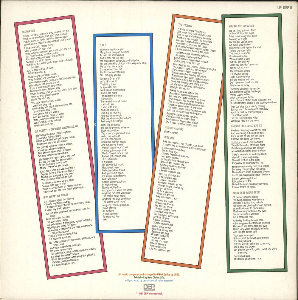 UB40 Geffery Morgan + Merch Insert UK vinyl LP album (LP record)