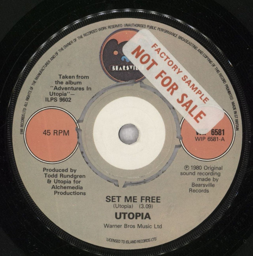 Utopia (US) Set Me Free - Factory Sample UK Promo 7" vinyl single (7 inch record / 45) WIP6581