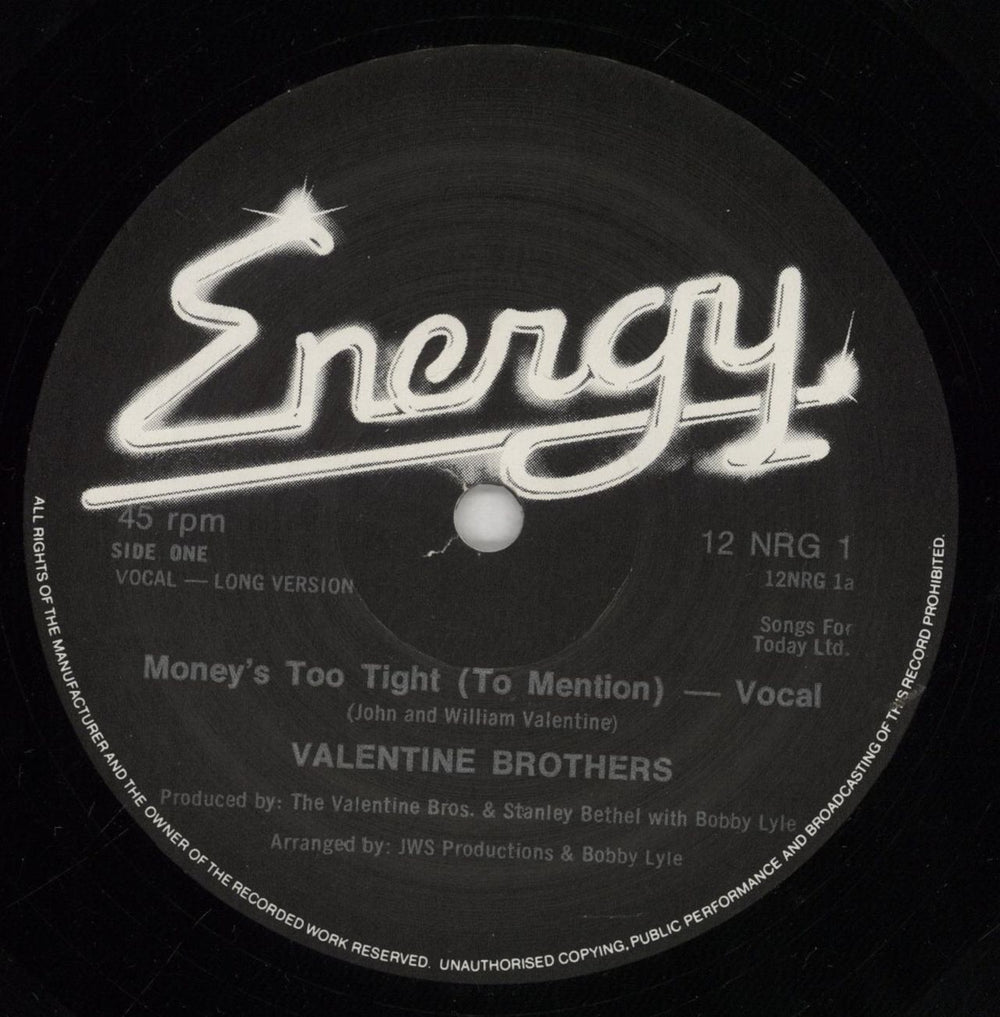 Valentine Brothers Money's Too Tight (To Mention) UK 12" vinyl single (12 inch record / Maxi-single) VLB12MO238579