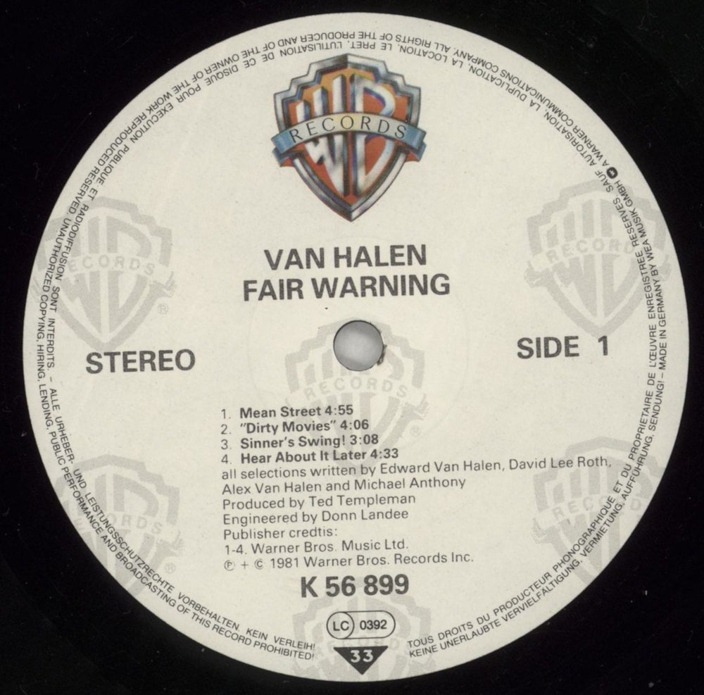 Van Halen Fair Warning German vinyl LP album (LP record) VNHLPFA573265