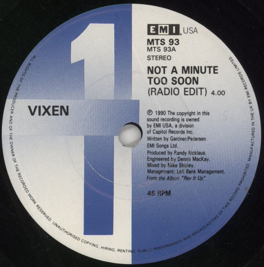 Vixen Not A Minute Too Soon + Prints UK 7" vinyl single (7 inch record / 45) VIX07NO169560