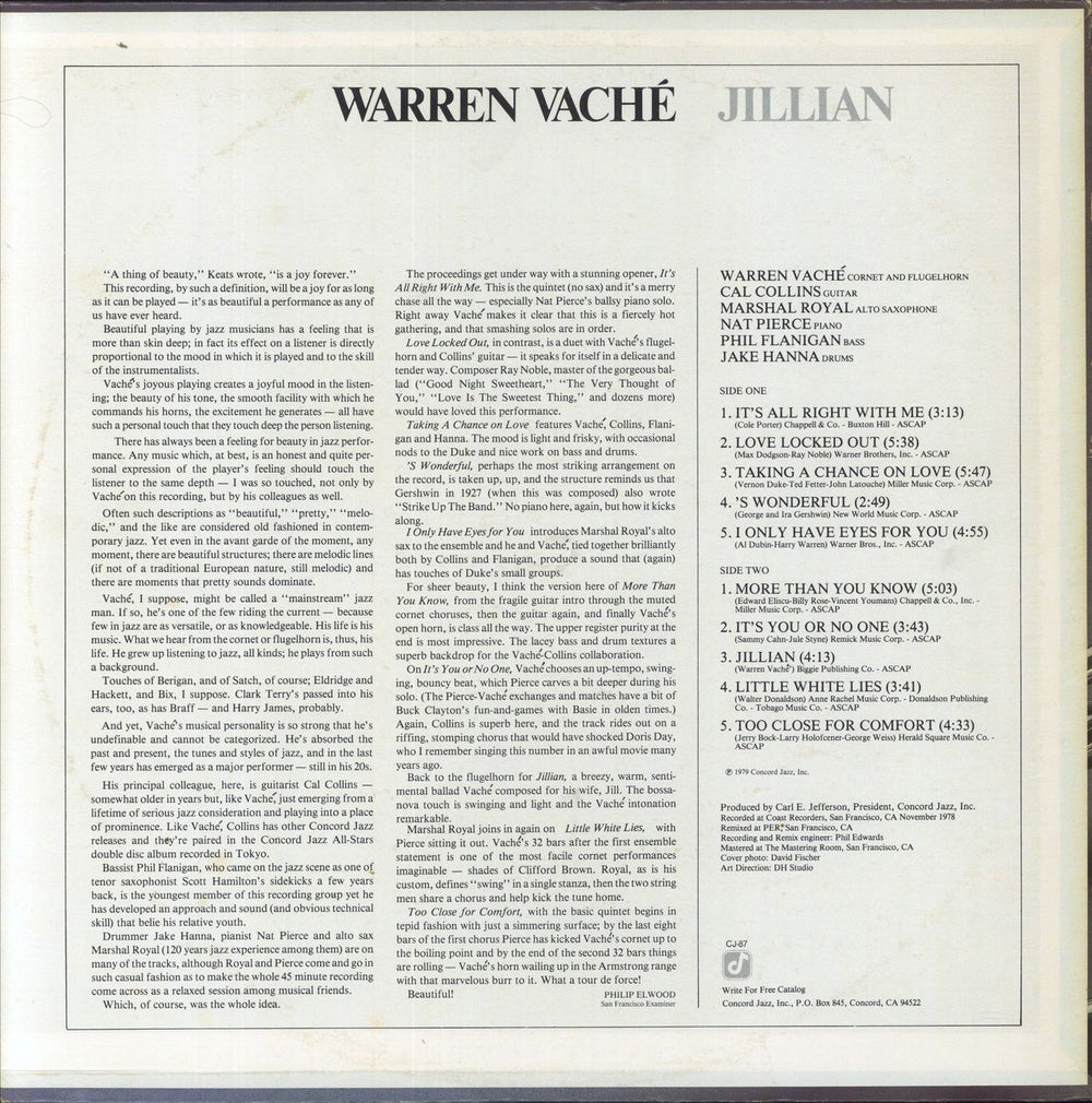 Warren Vaché Jillian US vinyl LP album (LP record)