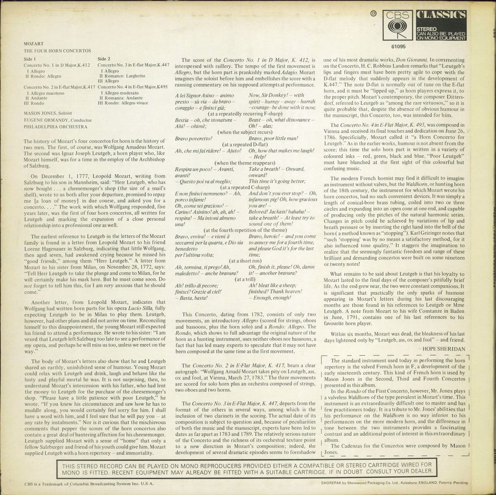 Wolfgang Amadeus Mozart Four Horn Concertos UK vinyl LP album (LP record)
