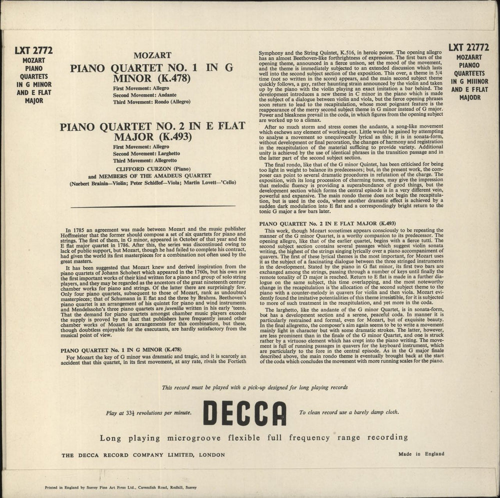Wolfgang Amadeus Mozart Mozart: Piano Quartet No. 1 In G Minor / Piano Quartet No. 2 In E Flat Major UK vinyl LP album (LP record)