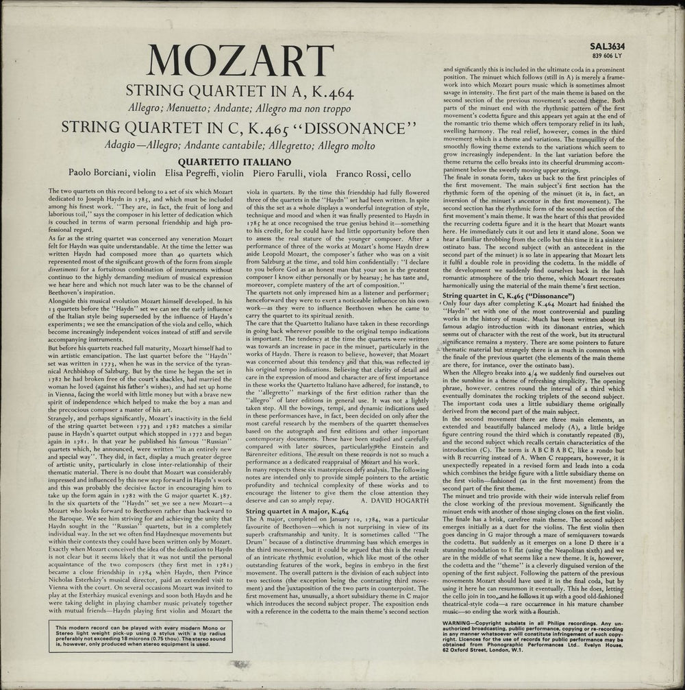 Wolfgang Amadeus Mozart String Quartet in A, K.464 & String Quartet in C, K465 "Dissonance" UK vinyl LP album (LP record)