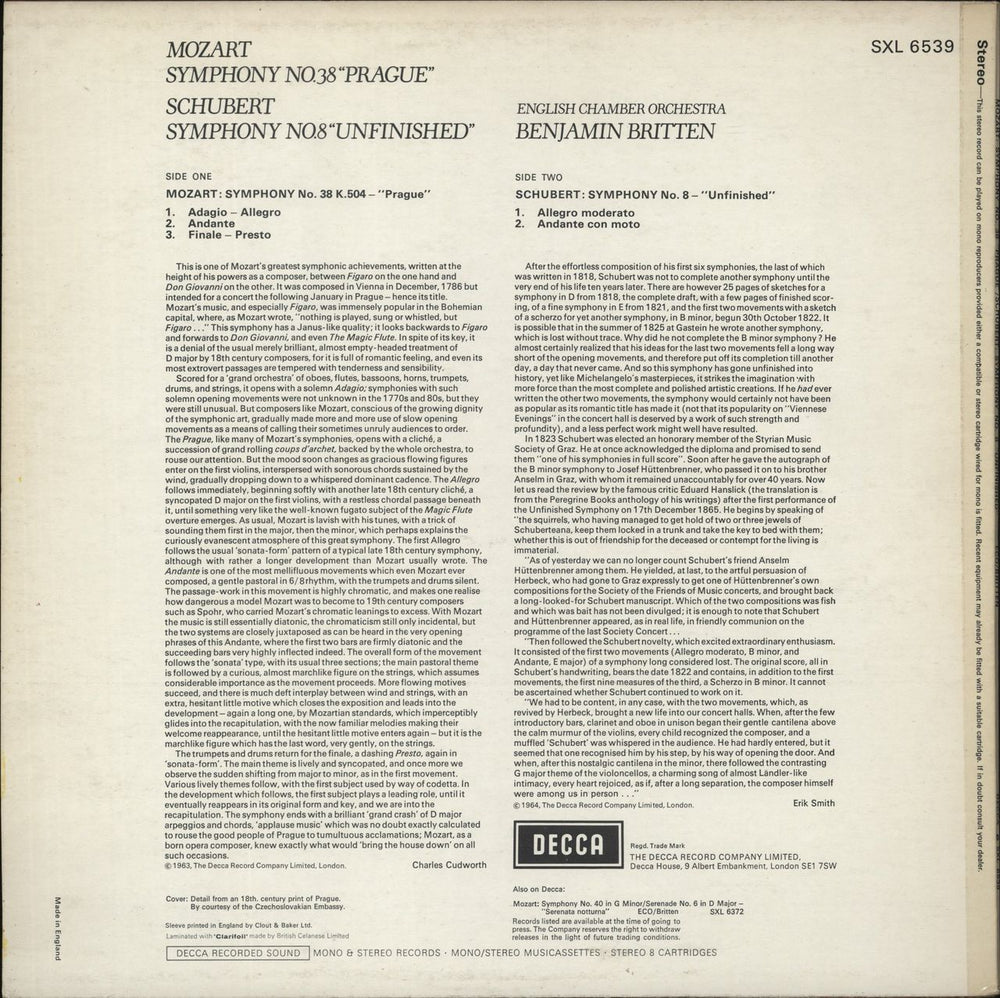 Wolfgang Amadeus Mozart Symphony No.38 "Prague" / Symphony No.8 "Unfinished" UK vinyl LP album (LP record)