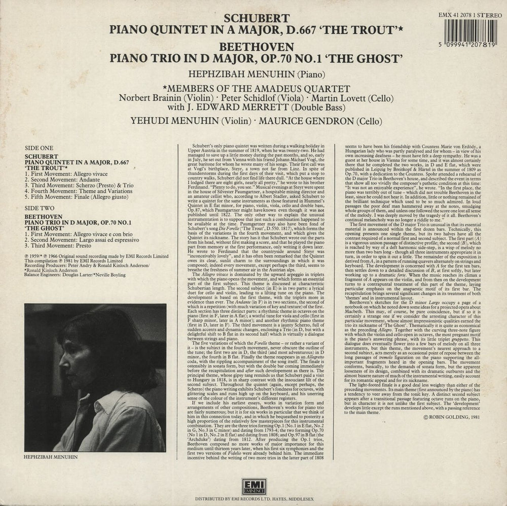 Yehudi Menuhin Schubert: Piano Quintet in A, 'Trout' / Beethoven: Piano Trio in D, 'Ghost' UK vinyl LP album (LP record) 5099941207819