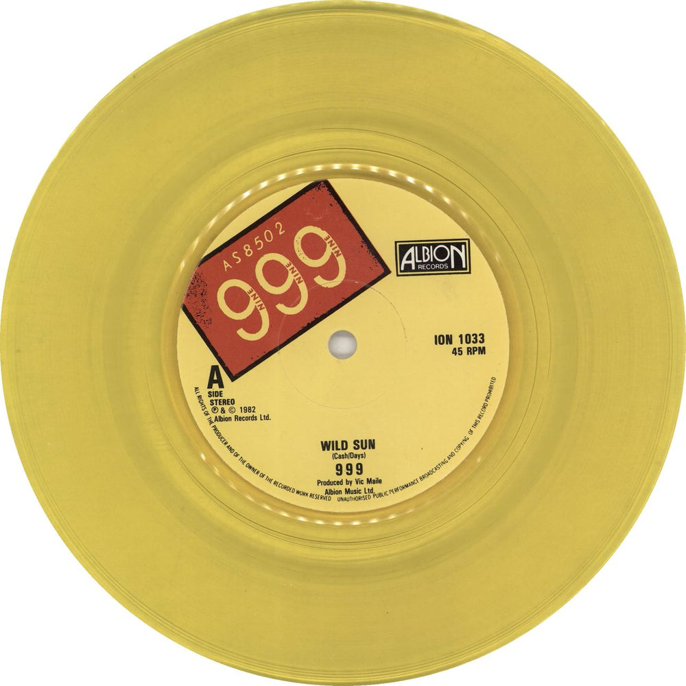 999 Wild Sun - Yellow Vinyl UK 7" vinyl single (7 inch record / 45) 99907WI247428