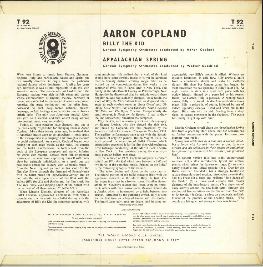 Aaron Copland Billy The Kid / Appalachian Suite UK vinyl LP album (LP record)