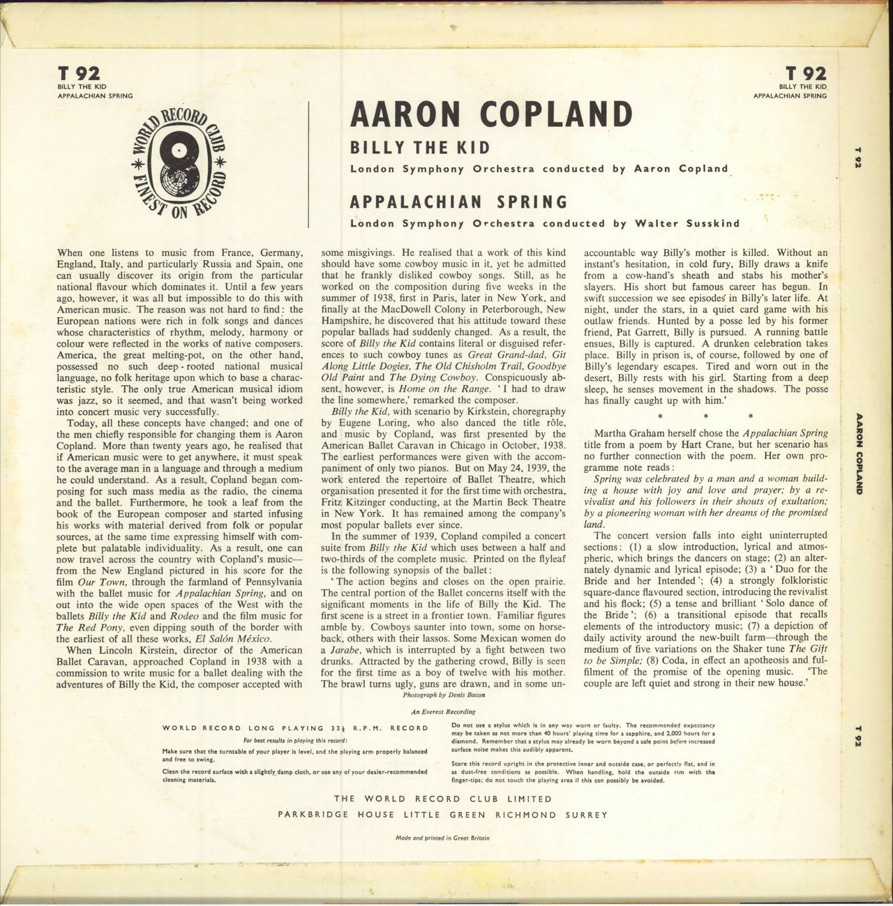 Aaron Copland Billy The Kid / Appalachian Suite UK vinyl LP album (LP record)