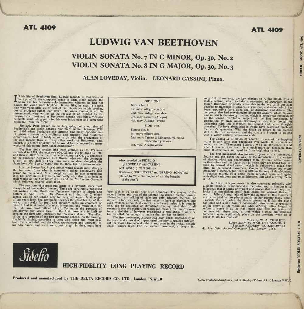 Alan Loveday & Leonard Cassini Beethoven: Violin Sonatas 7 & 8 UK vinyl LP album (LP record)