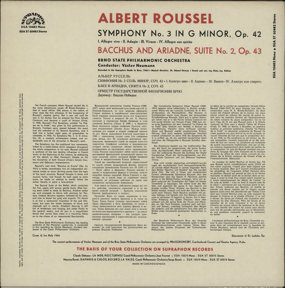 Albert Roussel Symphony No. 3 / Bacchus And Ariadne II Czech vinyl LP album (LP record)