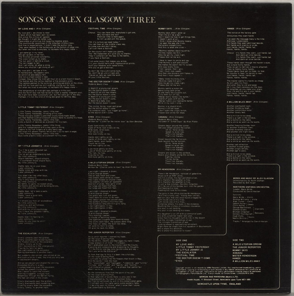 Alex Glasgow Songs Of Alex Glasgow - Three UK vinyl LP album (LP record)