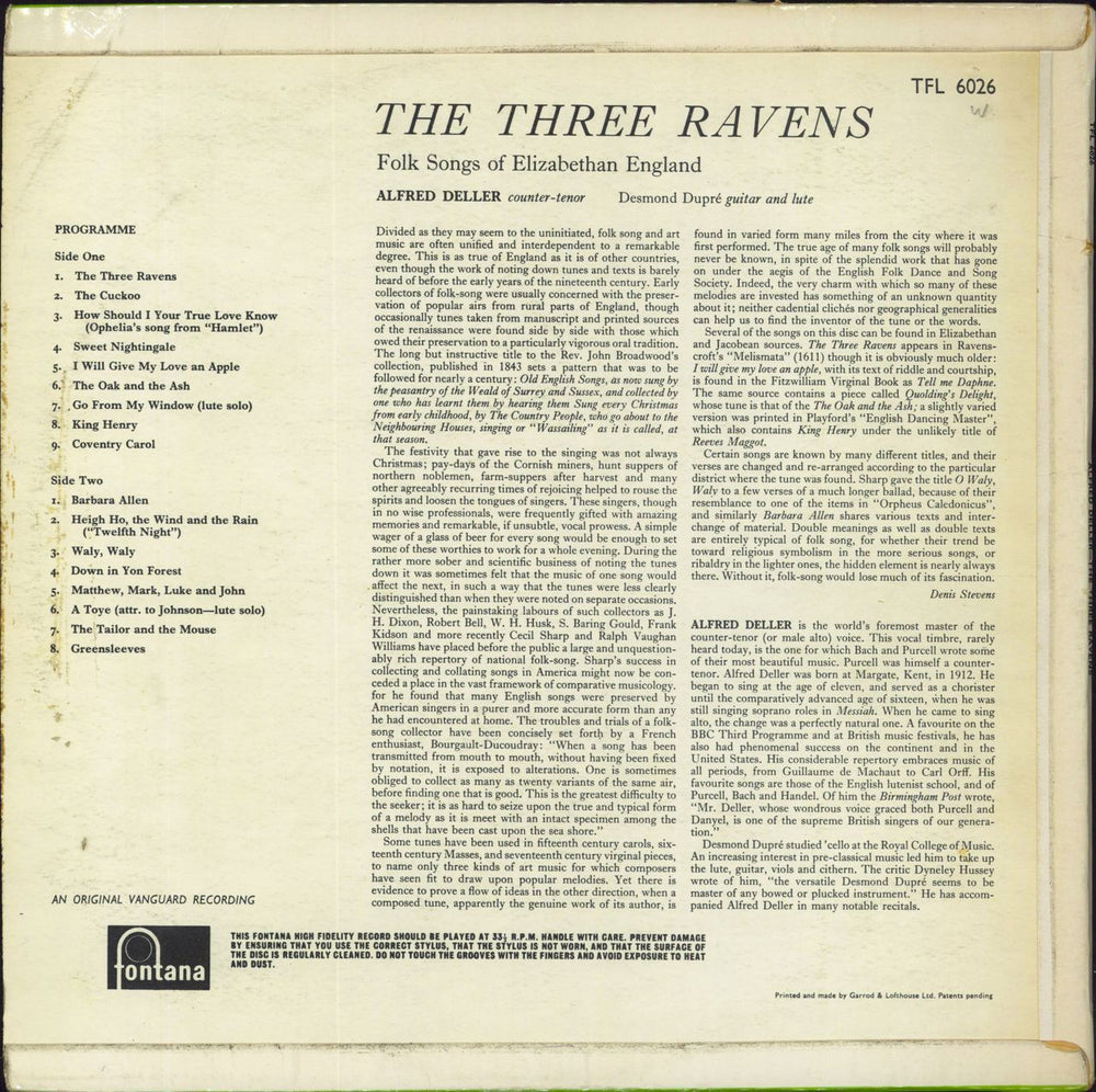 Alfred Deller The Three Ravens (Folk Songs Of Elizabethan England) UK vinyl LP album (LP record)