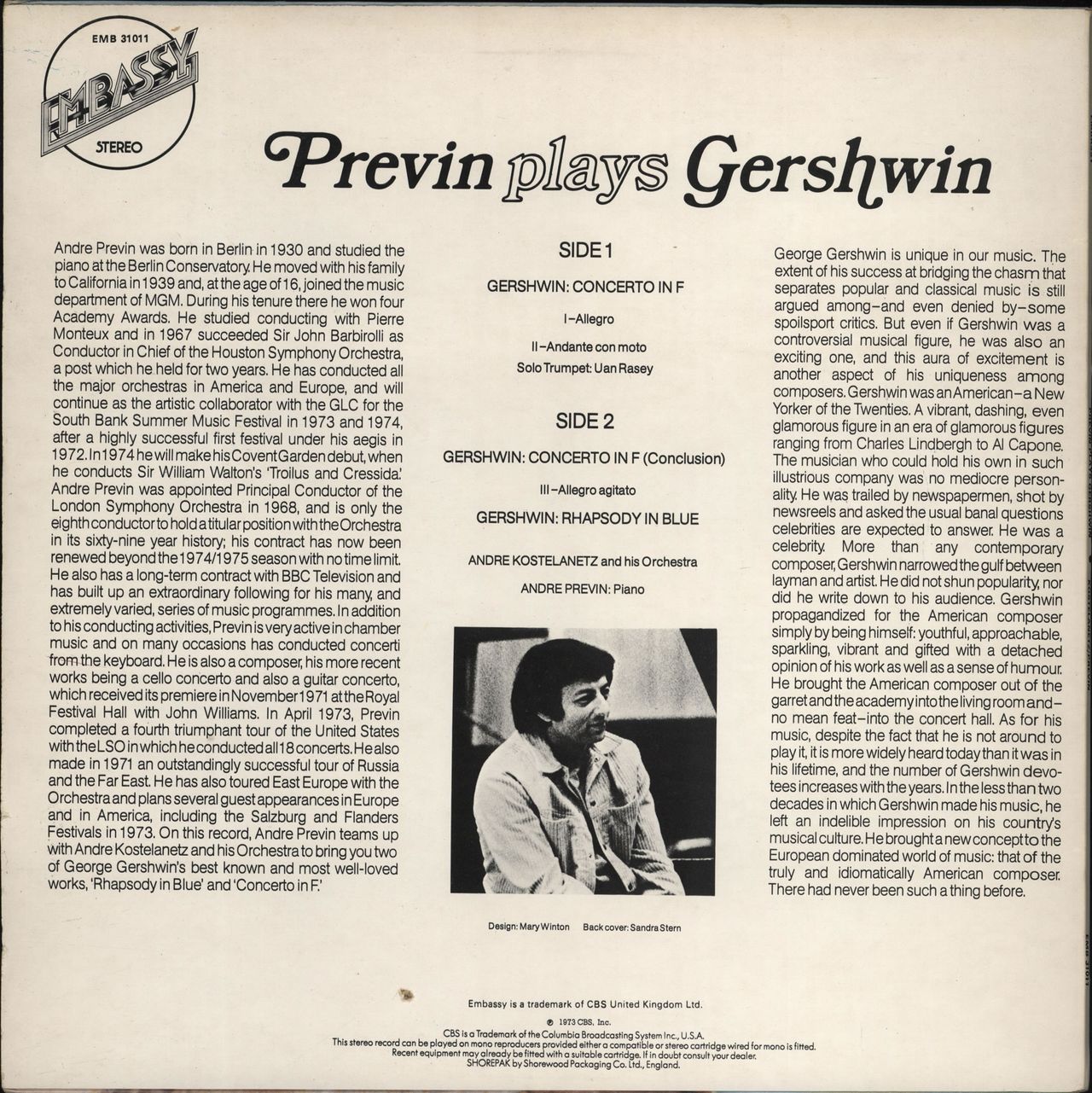 André Previn Previn Plays Gershwin UK vinyl LP album (LP record)