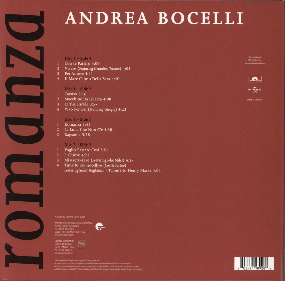 Andrea Bocelli Romanza UK 2-LP vinyl record set (Double LP Album) 602547189288