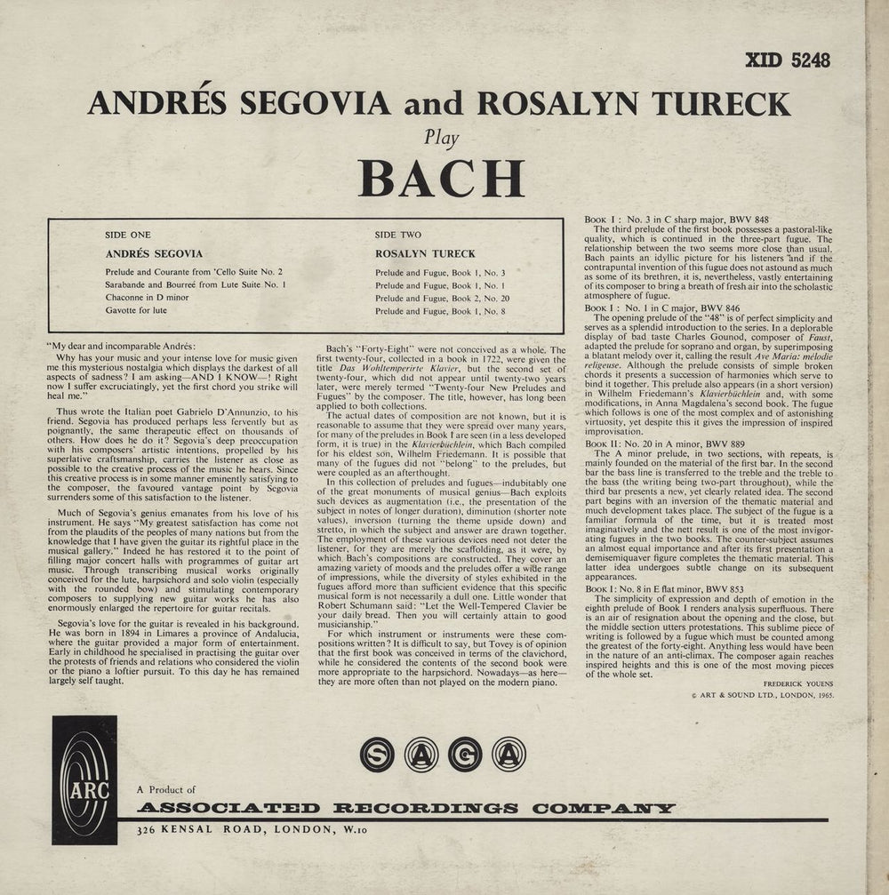 Andrés Segovia Andrés Segovia And Rosalyn Tureck Play Bach UK vinyl LP album (LP record)