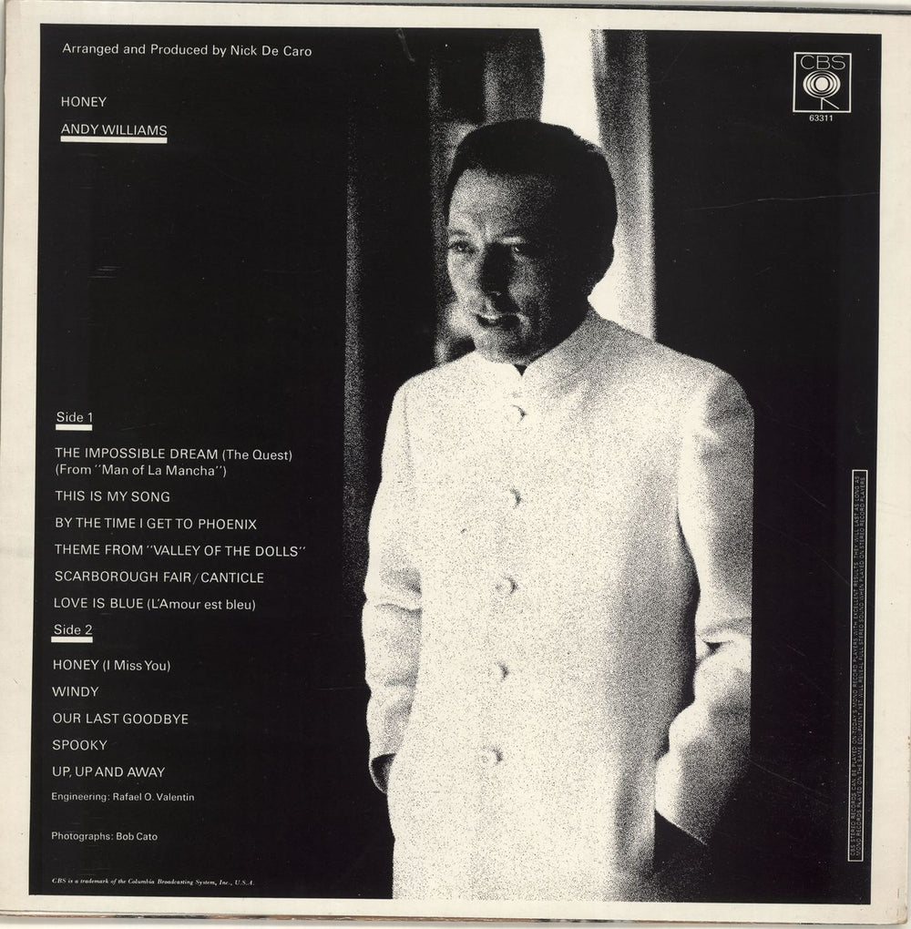 Andy Williams Honey UK vinyl LP album (LP record)