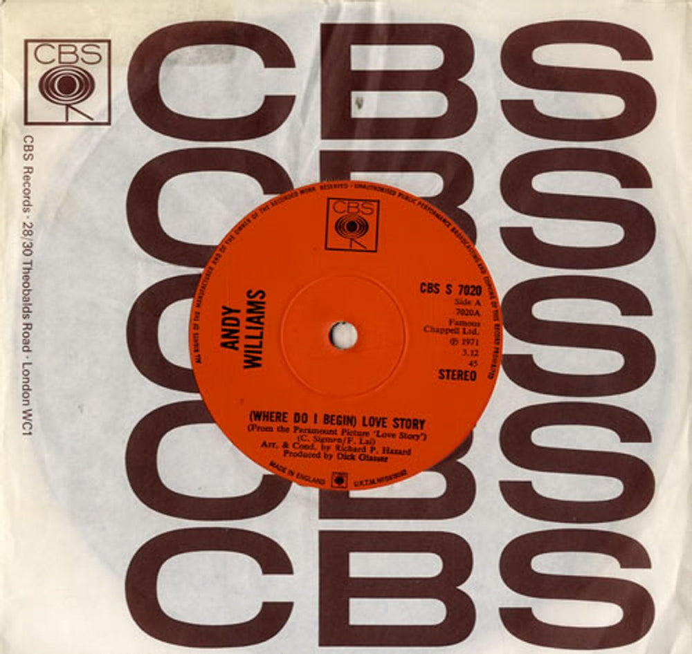 Andy Williams (Where Do I Begin) Love Story - Solid UK 7" vinyl single (7 inch record / 45) CBSS7020