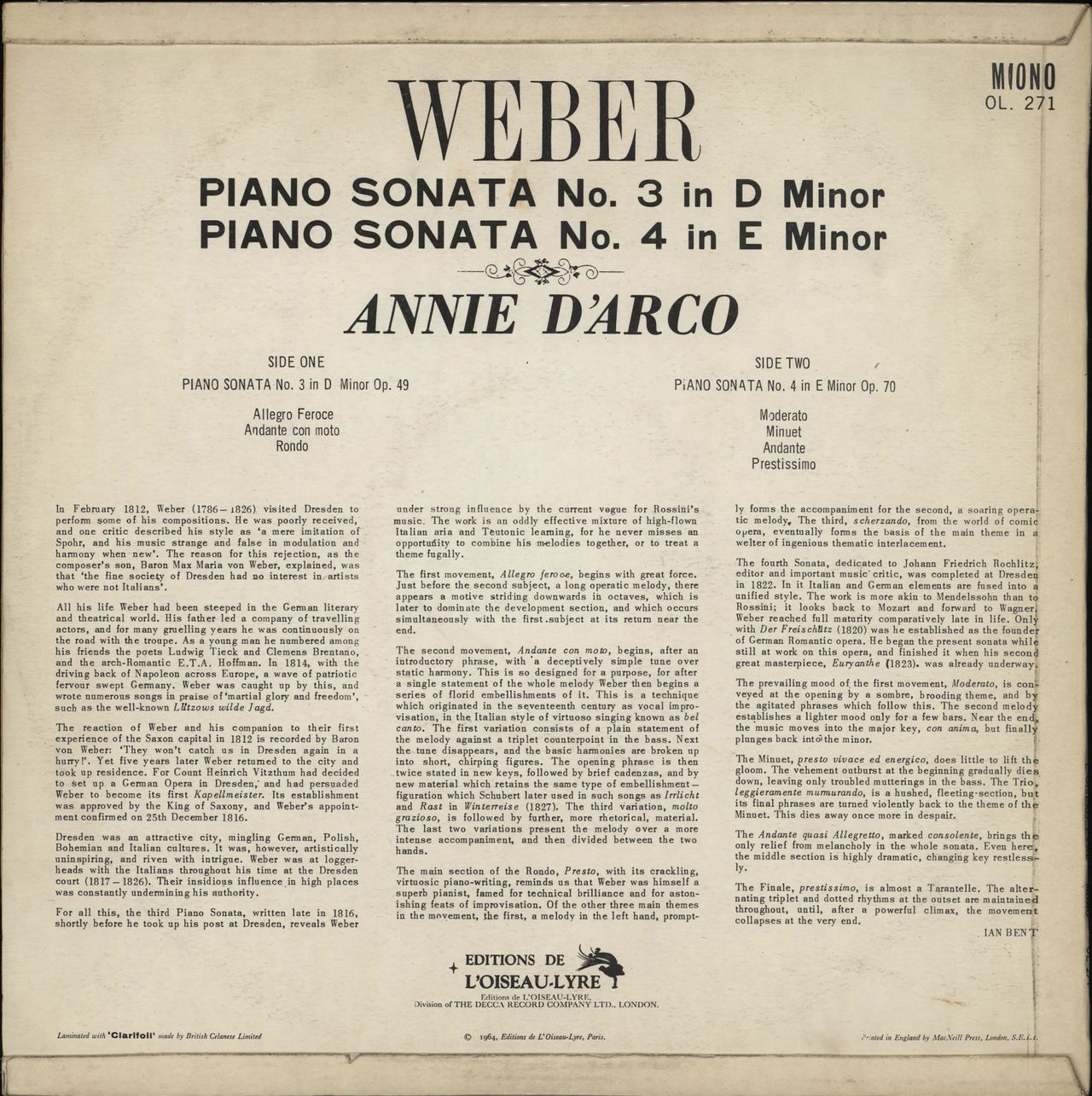 Annie D'Arco Weber: Piano Sonata No. 3 in D Minor / Piano Sonata No. 4 in E Minor UK vinyl LP album (LP record)
