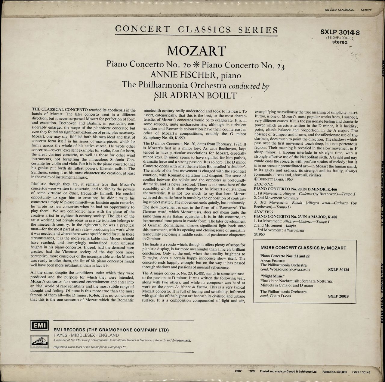 Annie Fischer Mozart: Piano Concerto No. 20 in D Minor, K.466 & Piano Concerto No. 23 in A, K.488 UK vinyl LP album (LP record)