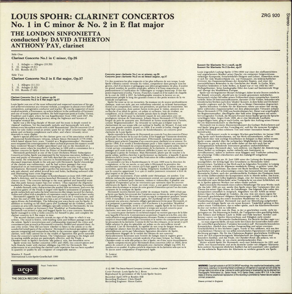Anthony Pay Louis Spohr: Clarinet Concertos UK vinyl LP album (LP record)