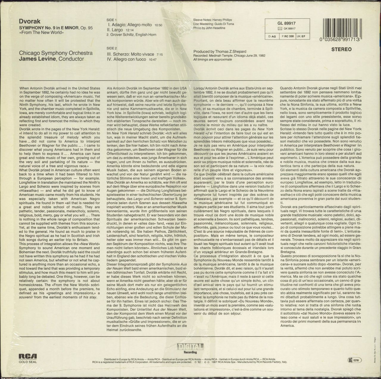 Antonín Dvorák Dvorák: Symphony No.9 "From The New World" Italian vinyl LP album (LP record) 0035628991713