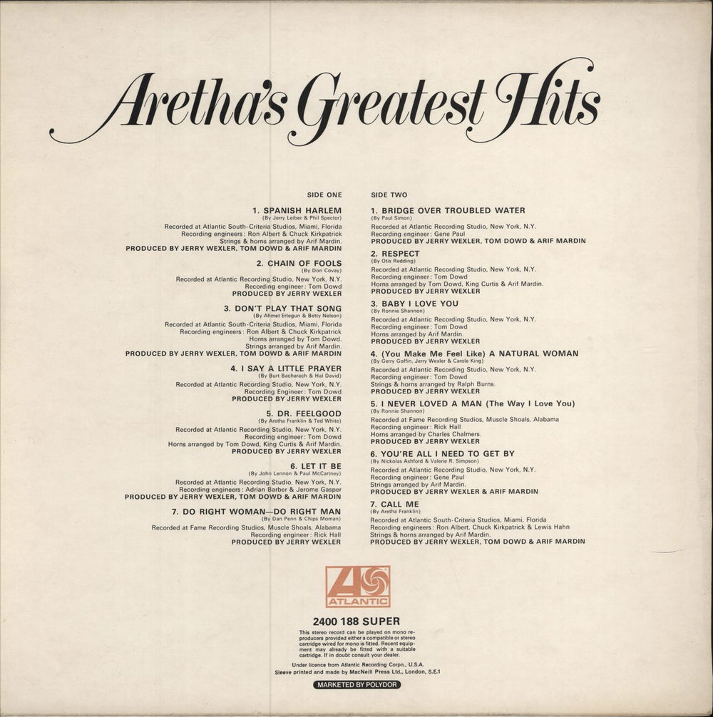 Aretha Franklin Aretha's Greatest Hits UK vinyl LP album (LP record)