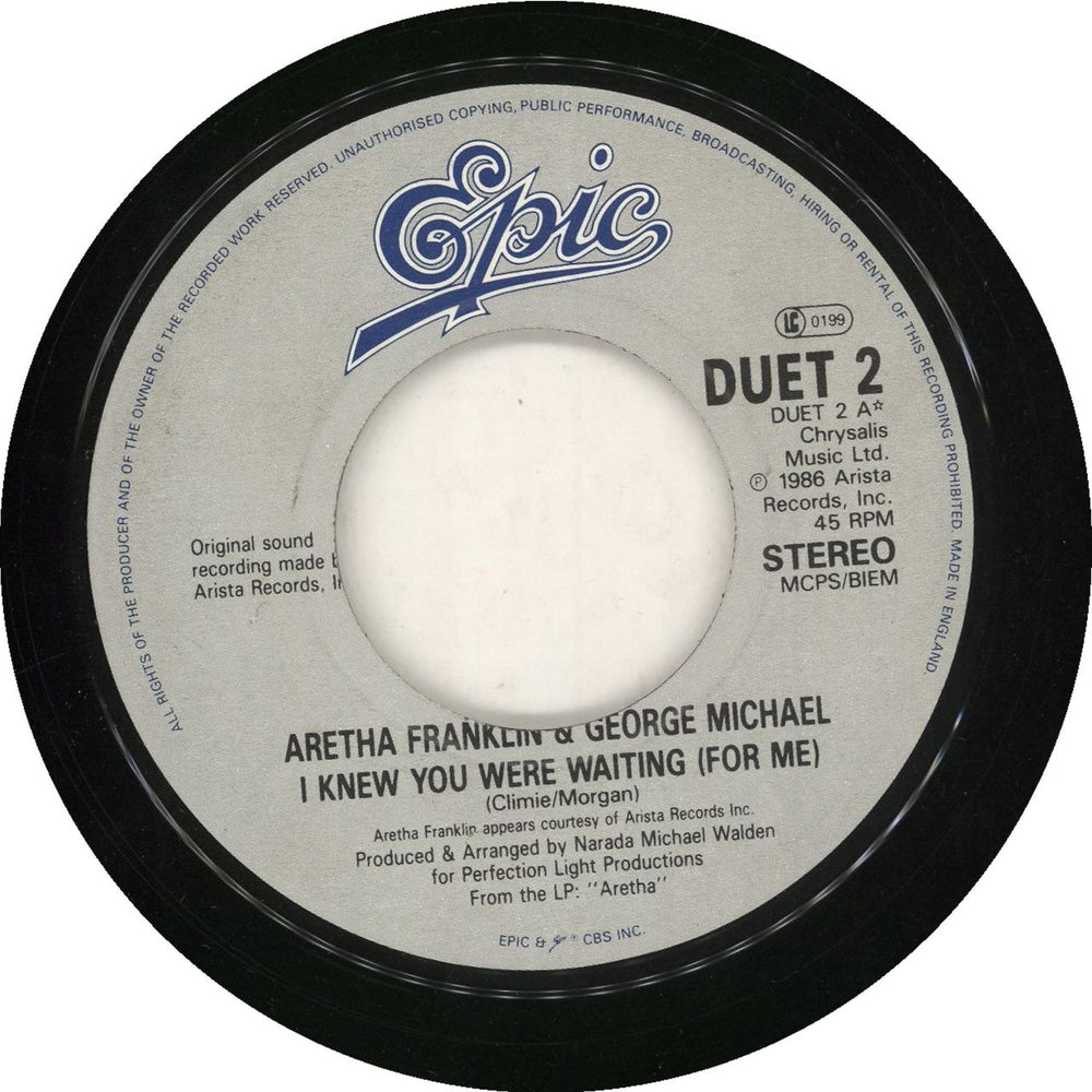 Aretha Franklin I Knew You Were Waiting (For Me) UK 7" vinyl single (7 inch record / 45) DUET2