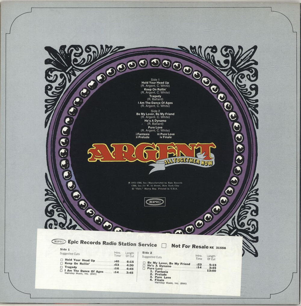 Argent All Together Now - timing strip US vinyl LP album (LP record) RGELPAL690997