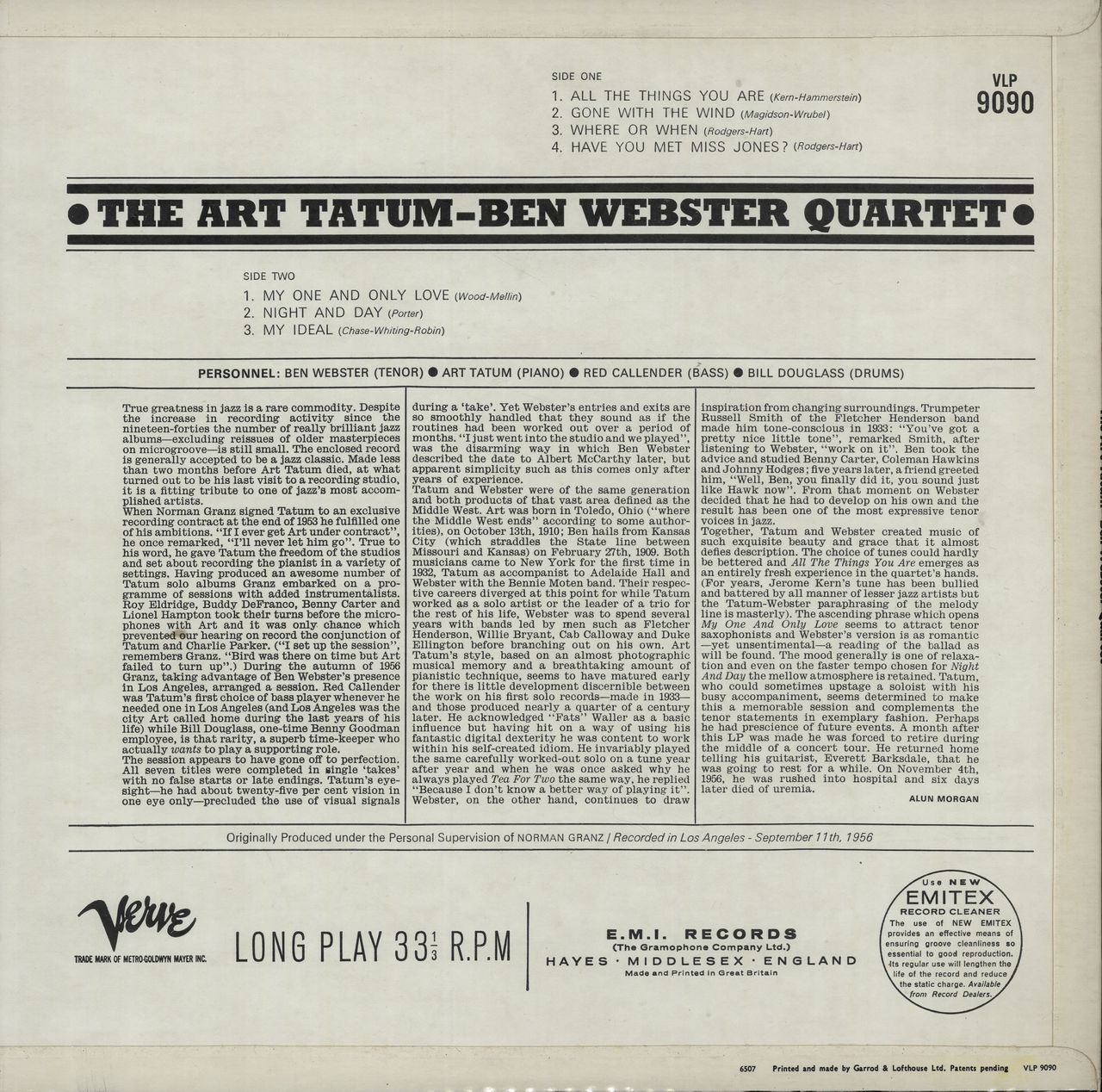 Art Tatum & Ben Webster The Art Tatum - Ben Webster Quartet UK vinyl LP album (LP record) AIULPTH441837