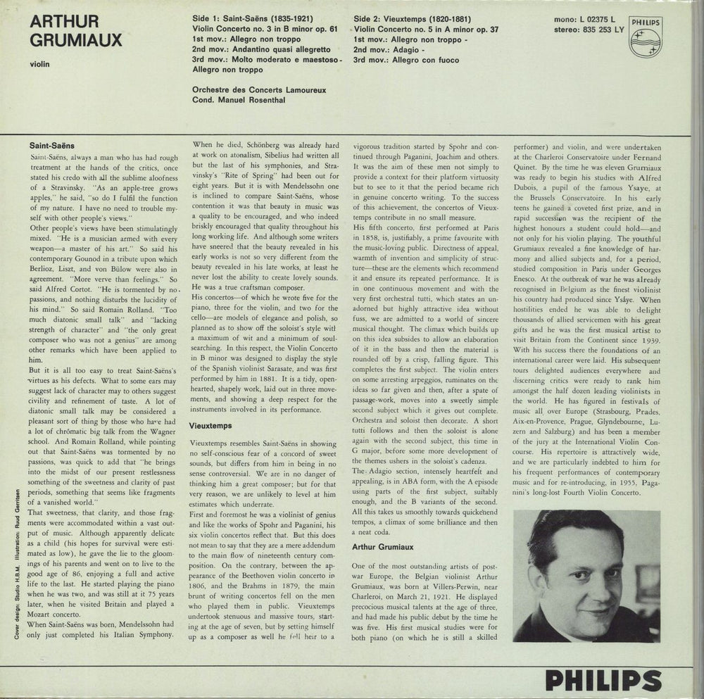 Arthur Grumiaux Saint-Saëns: Violinkonzert N°3 H-moll, Op.61 / Vieuxtemps: Violinkonzert N°5 A-moll, Op.67 Dutch vinyl LP album (LP record)