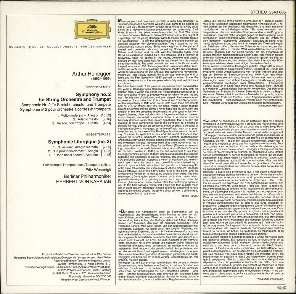 Arthur Honegger Symphonie Liturgique & Symphony No. 2 German vinyl LP album (LP record)