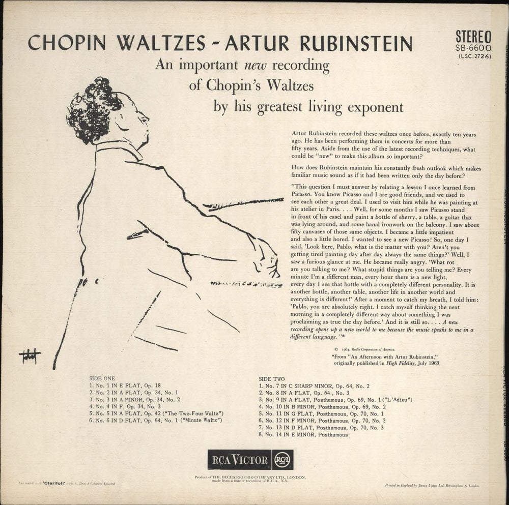 Artur Rubinstein Chopin Waltzes UK vinyl LP album (LP record)