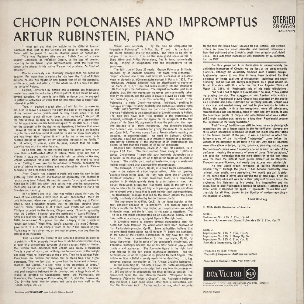 Artur Rubinstein Polonaises And Impromptus UK vinyl LP album (LP record)