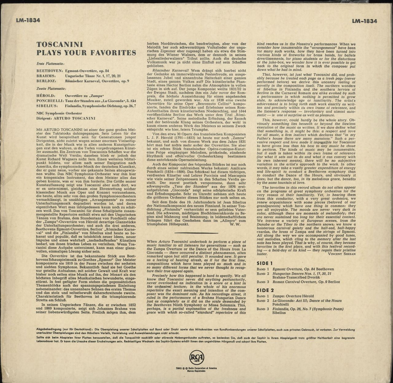 Arturo Toscanini Toscanini Plays Your Favourites German vinyl LP album (LP record)