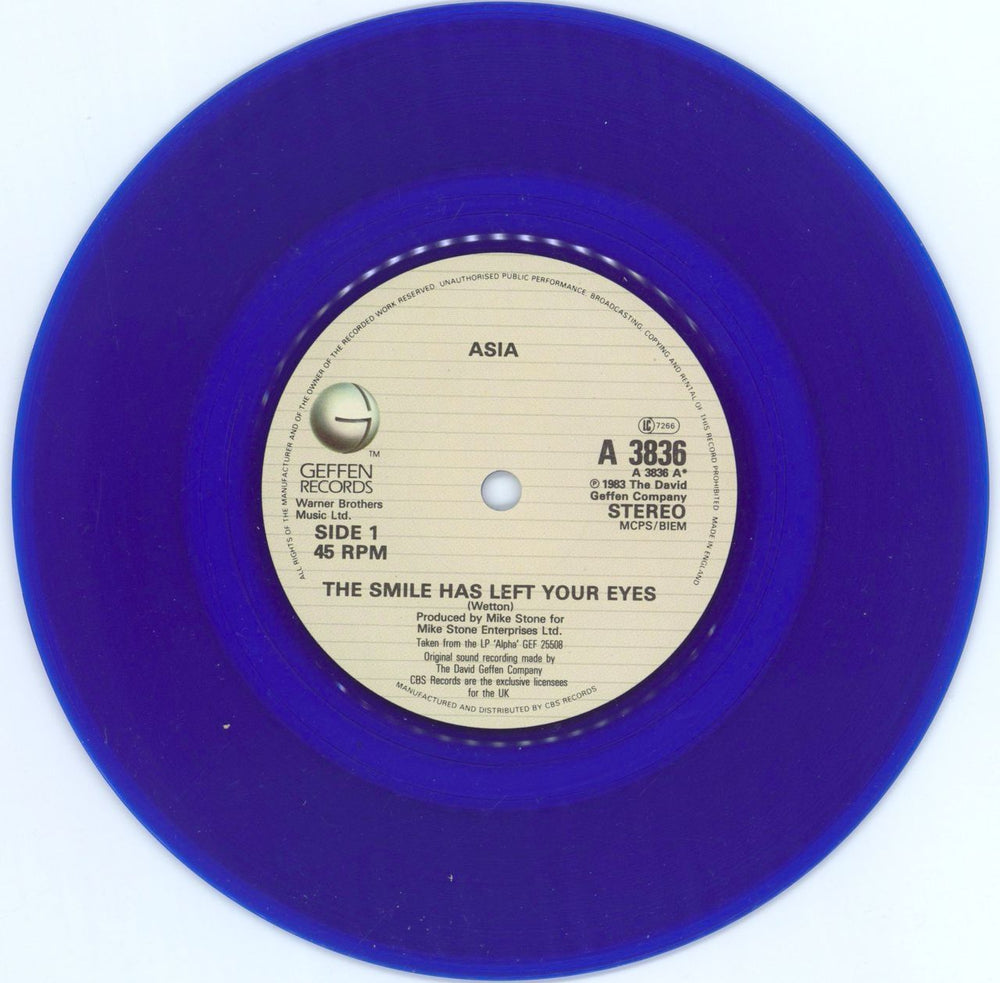 Asia The Smile Has Left Your Eyes - Blue Vinyl UK 7" vinyl single (7 inch record / 45) ASI07TH172255