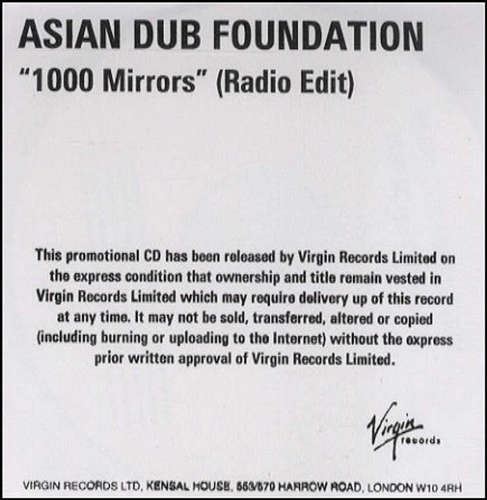 Asian Dub Foundation One Thousand Mirrors UK Promo CD-R acetate CD-R ACETATE