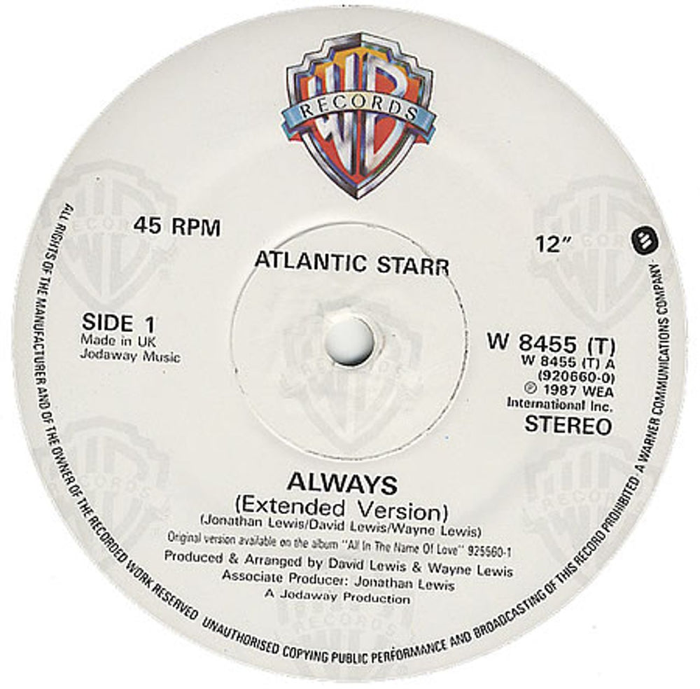 Atlantic Starr Always UK 12" vinyl single (12 inch record / Maxi-single) W8455T