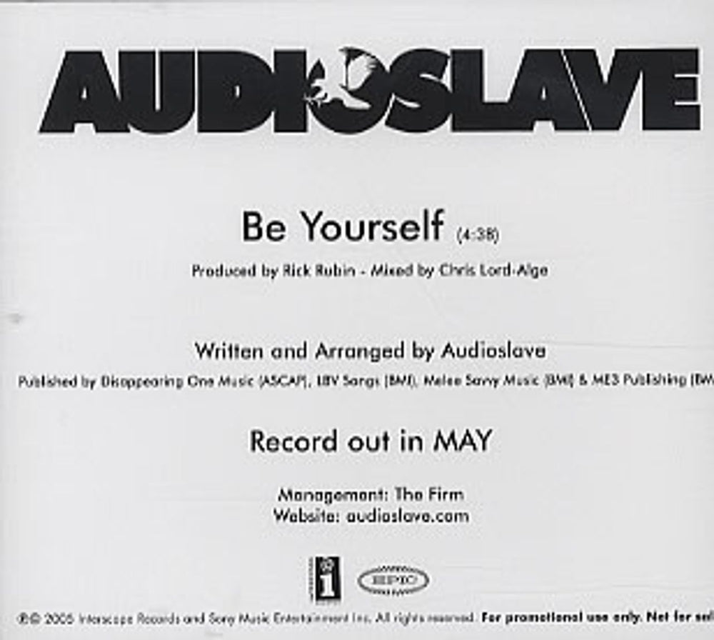 Audioslave Be Yourself US Promo CD-R acetate CD-R ACETATE