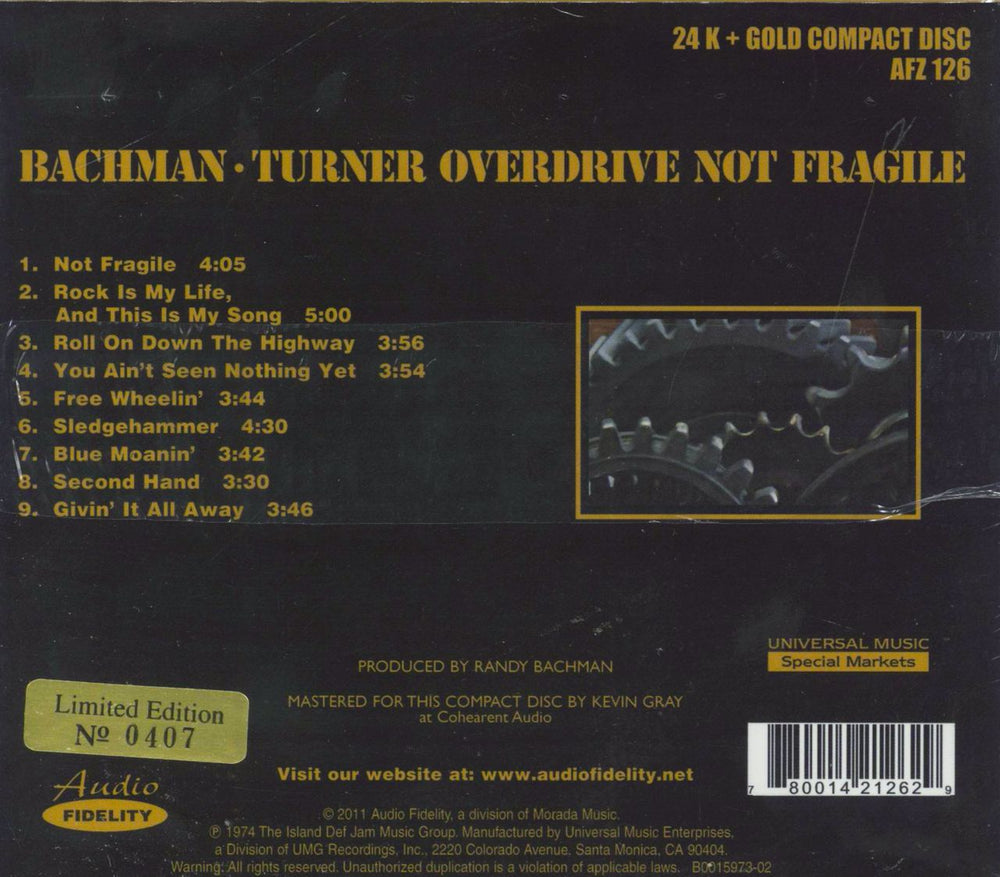 Bachman Turner Overdrive Not Fragile - Sealed US CD album (CDLP) 780014212629