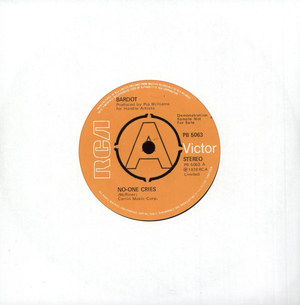 Bardot No-One Cries - A Label UK Promo 7" vinyl single (7 inch record / 45) PB5063